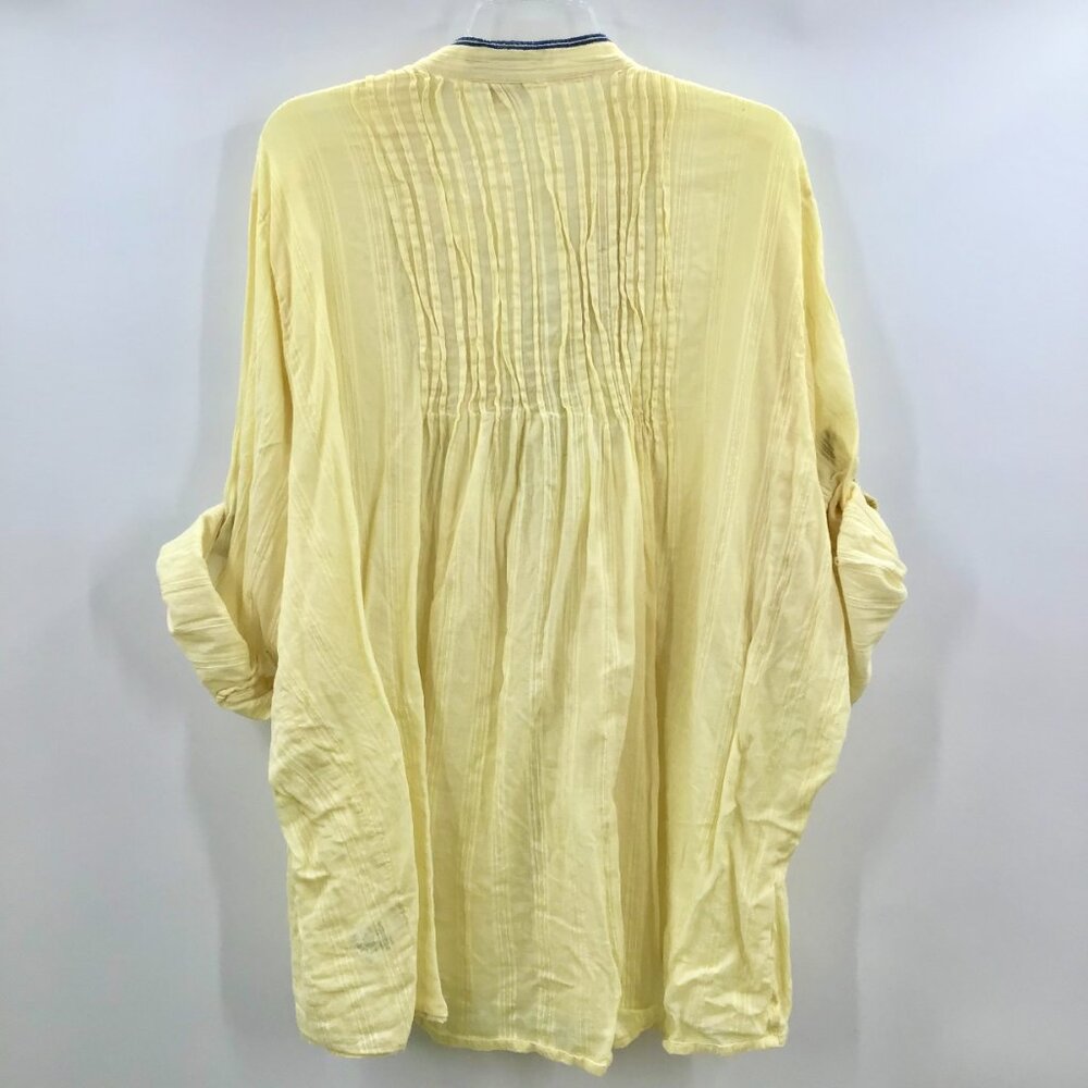 Gauzy Lemon Yellow Boho Top 32W Cotton Jacquard Embroidered Roll Tab Semi-Sheer - Picture 7 of 15